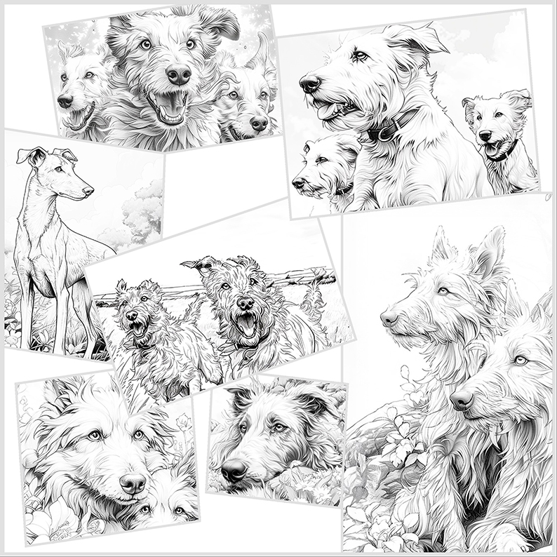 Collage  - Auswahl von vorschattierten Zeichnungen aus dem neuen MALBUCH DELUXE - Hunde zum Ausmalen von Kerstin Hesse